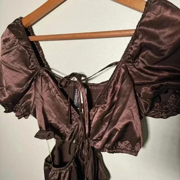NWT H&M satin puff sleeve mocha brown mini dress S - Picture 4 of 6
